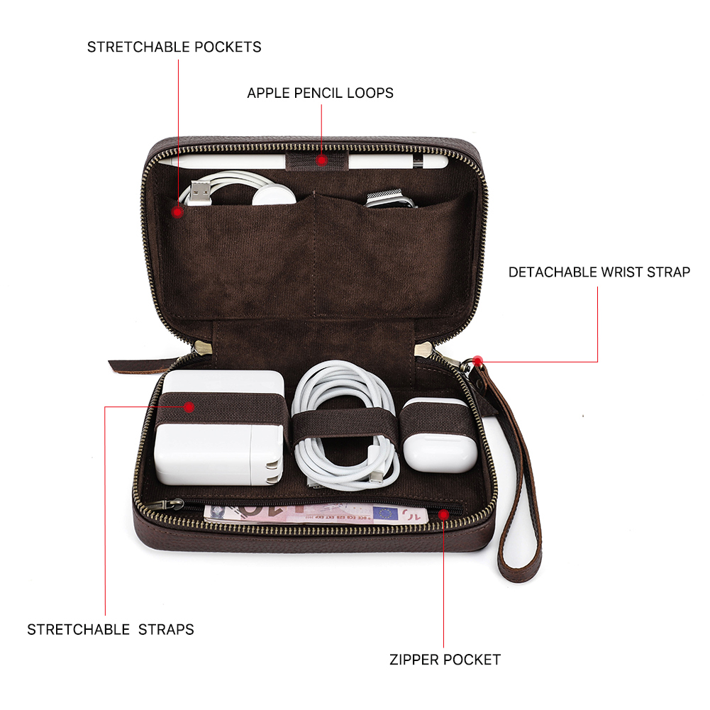 Couro genuíno portátil usb sac - Tech Accessories Case avaliação e preço
